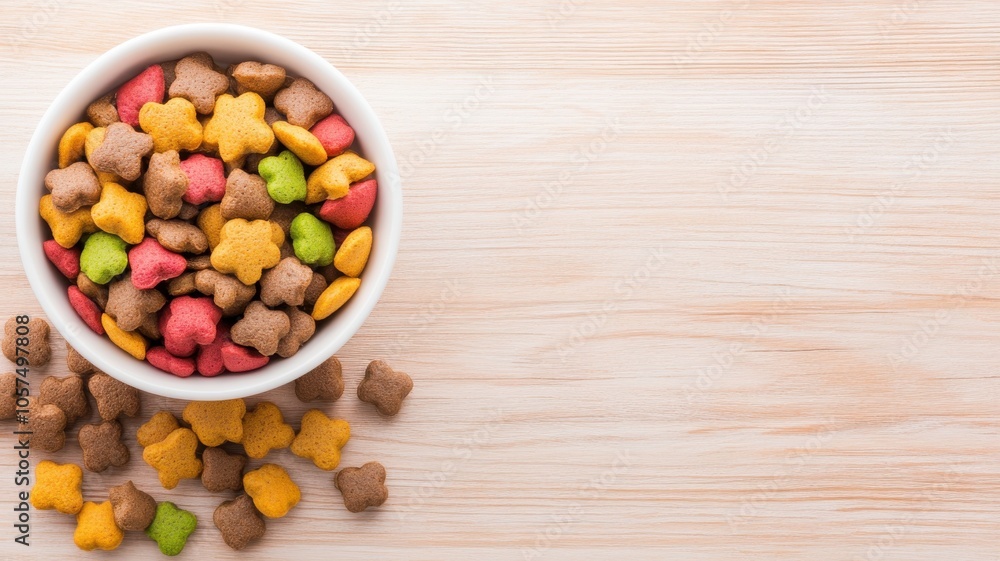 A bowl of colorful pet food sits on a wooden surface, with some pieces scattered around, suggesting a playful pet environment. A bowl of colorful pet food sits on a wooden surface, with some pieces scattered around, suggesting a playful pet environment.