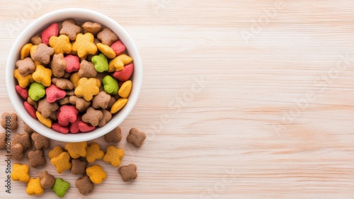 A bowl of colorful pet food sits on a wooden surface, with some pieces scattered around, suggesting a playful pet environment.