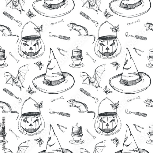 Halloween pattern, pumpkin basket, bat, rat, potions in bottles, fortune telling bones, witch hat. All objects are hand drawn with ink and transferred to vector. For printing on fabric, paper, design.