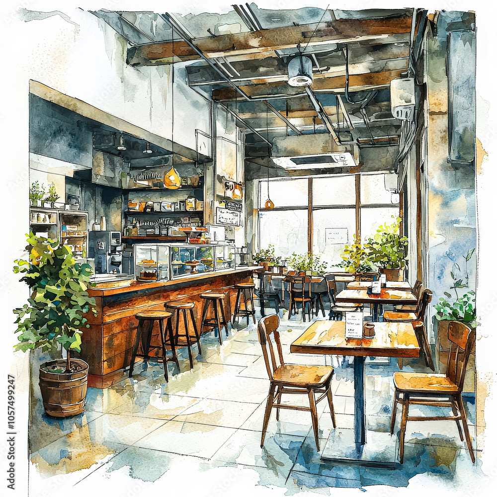 Restaurant with a lot of tables and chairs. The tables are mostly empty. The restaurant has a lot of windows Restaurant with a lot of tables and chairs. The tables are mostly empty. The restaurant has a lot of windows