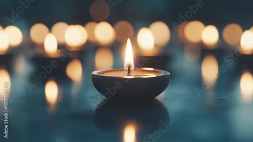 A single burning candle with soft, warm glow amidst a field of blurred candle lights. photo