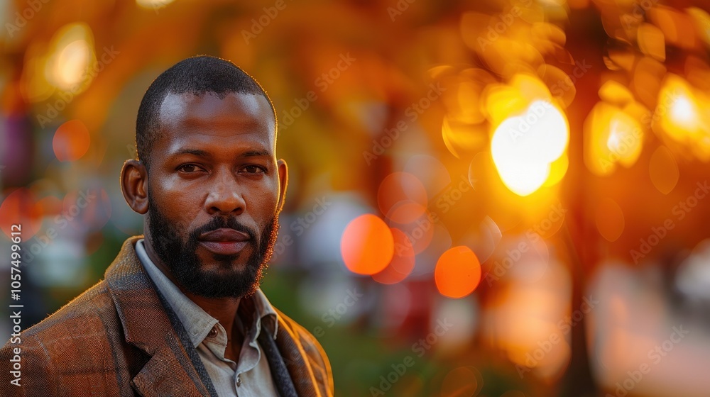 photo of Portrait of a confident man in an urban setting, highlighted by vibrant sunset bokeh, evoking warmth, depth, and sophistication photo of Portrait of a confident man in an urban setting, highlighted by vibrant sunset bokeh, evoking warmth, depth, and sophistication