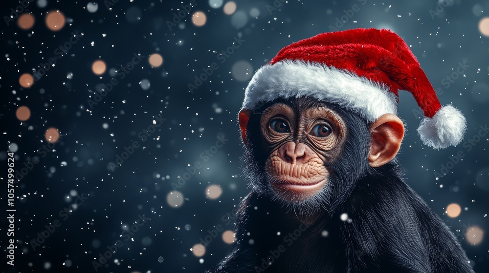 Merry Christmas greeting card. A monkey in a Santa Claus hat, highlighted on the background Merry Christmas greeting card. A monkey in a Santa Claus hat, highlighted on the background