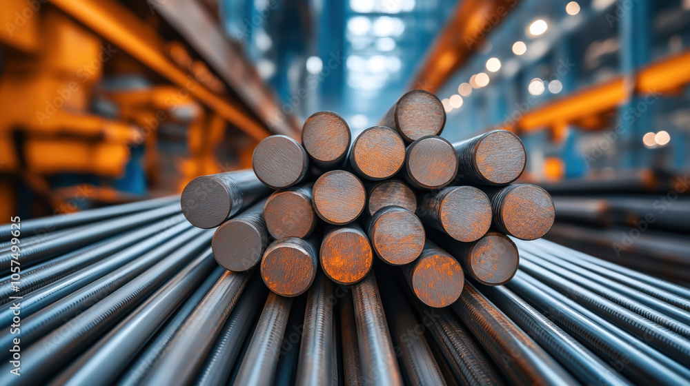 Close-up view of stacked metal rods in an industrial warehouse with blue and orange lighting, representing manufacturing or construction materials. Close-up view of stacked metal rods in an industrial warehouse with blue and orange lighting, representing manufacturing or construction materials.