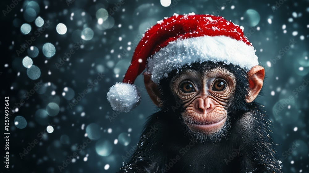 Merry Christmas greeting card. A monkey in a Santa Claus hat, highlighted on the background Merry Christmas greeting card. A monkey in a Santa Claus hat, highlighted on the background