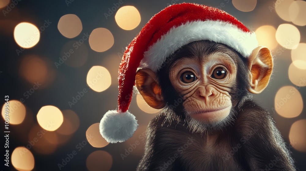 Merry Christmas greeting card. A monkey in a Santa Claus hat, highlighted on the background Merry Christmas greeting card. A monkey in a Santa Claus hat, highlighted on the background
