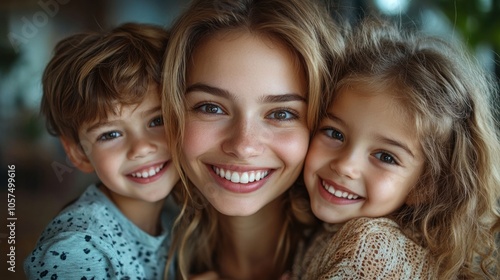 Mother and Two Children Smiling Close Up Portrait