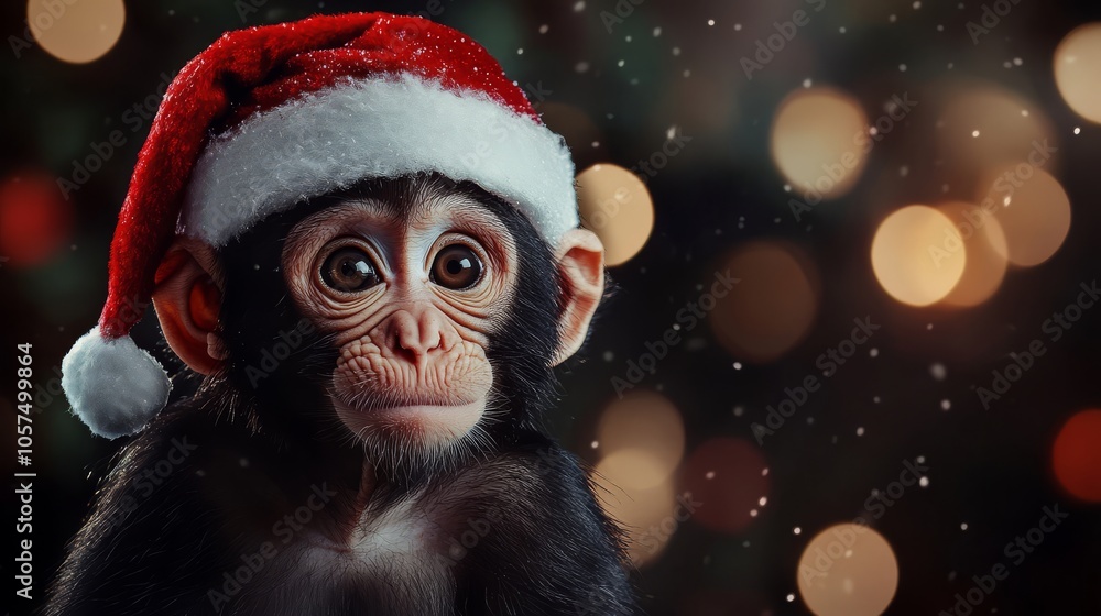Merry Christmas greeting card. A monkey in a Santa Claus hat, highlighted on the background Merry Christmas greeting card. A monkey in a Santa Claus hat, highlighted on the background