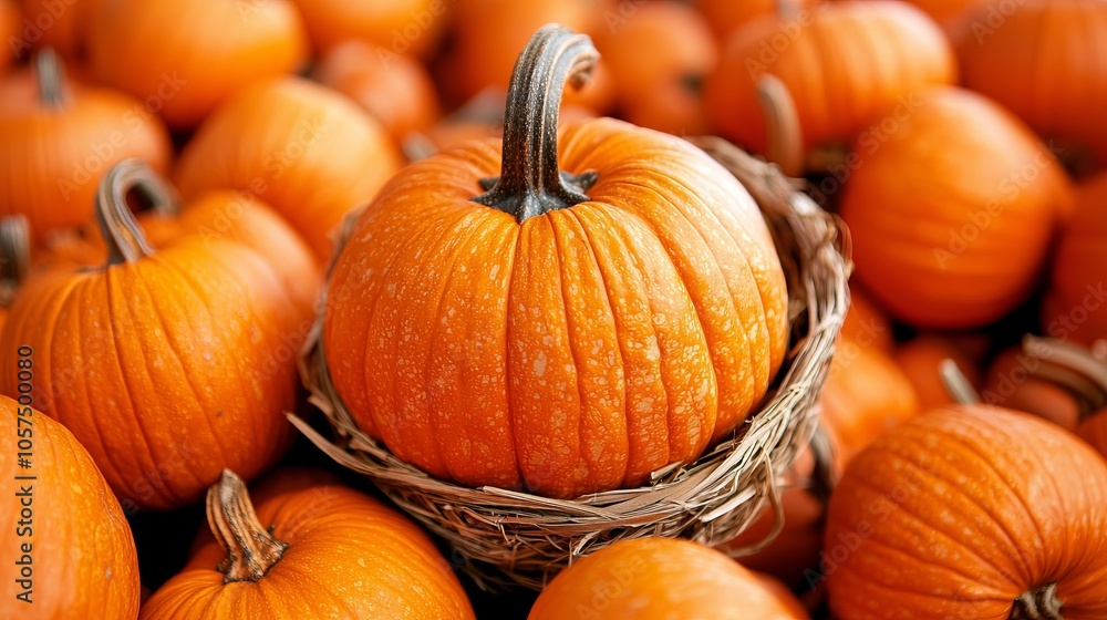 A single orange pumpkin sits in a small woven basket surrounded by a pile of other pumpkins. A single orange pumpkin sits in a small woven basket surrounded by a pile of other pumpkins.