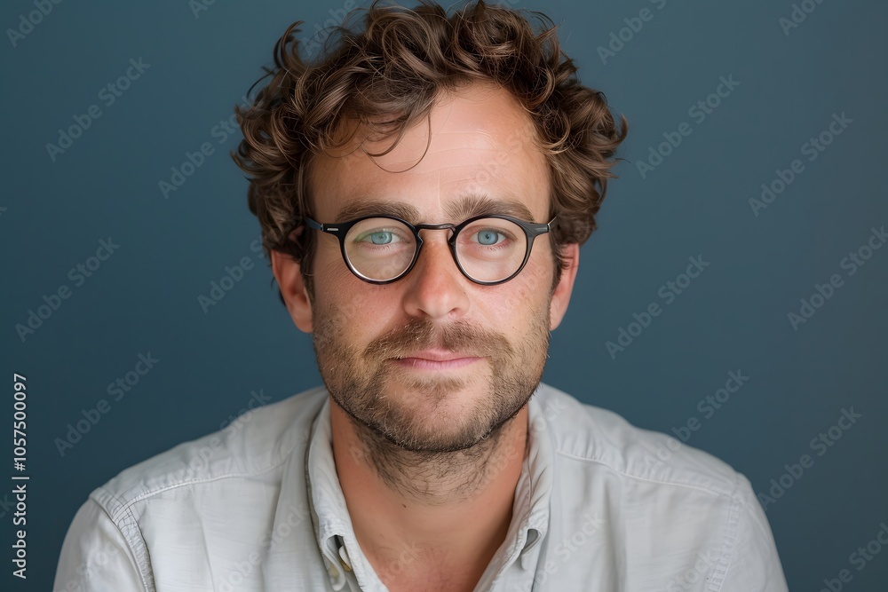 Portrait of a Thoughtful Man with Curly Hair and Glasses Against a Blue Background Portrait of a Thoughtful Man with Curly Hair and Glasses Against a Blue Background