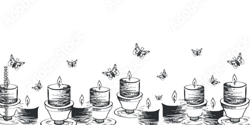 Seamless border of candles and night moths. Halloween illustration. All objects are hand-drawn with ink and transferred to vector. Suitable for printing on fabric, paper, for cards and invitations.