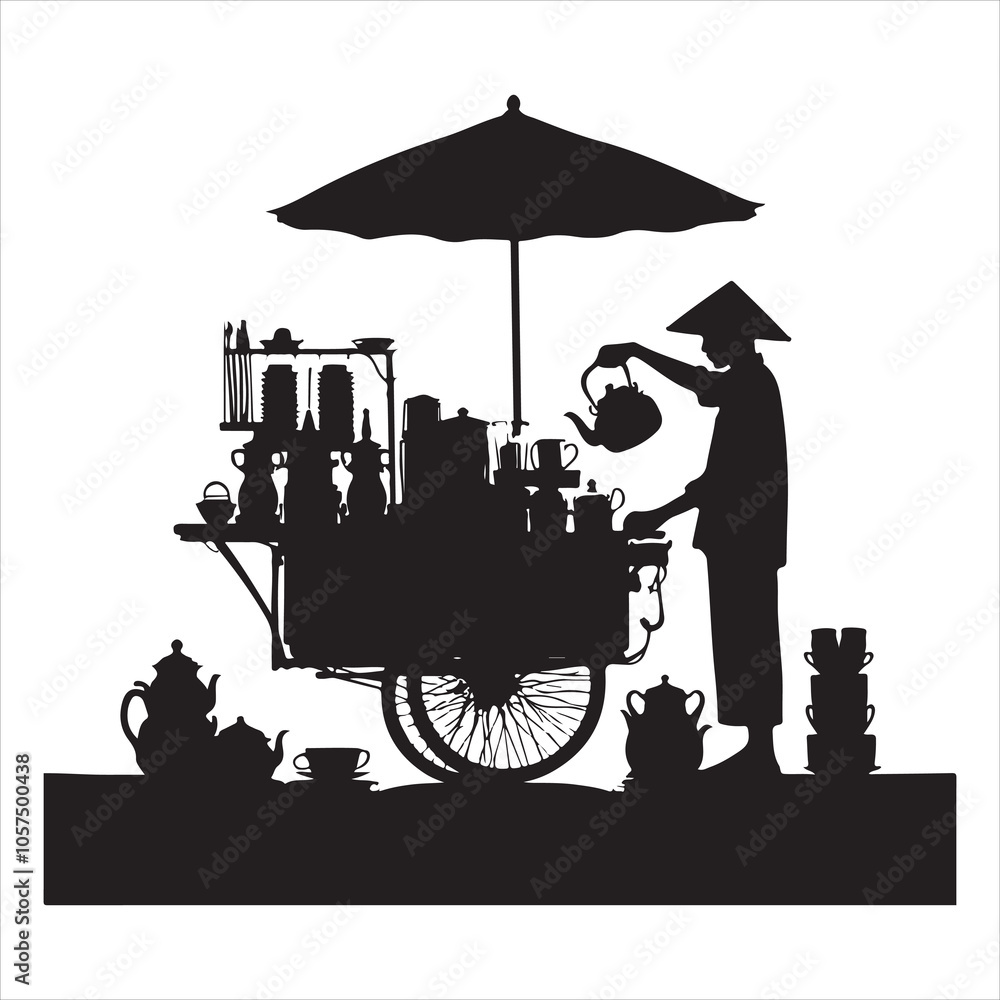 Obraz premium Black silhouette of a tea vendor pouring tea from a kettle on a plain white background