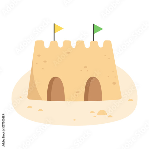 Sandcastle with flag on the beach in flat style
