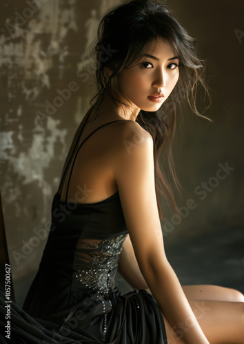 Beautiful Asian fashion model in a figure-enhancing tight dress