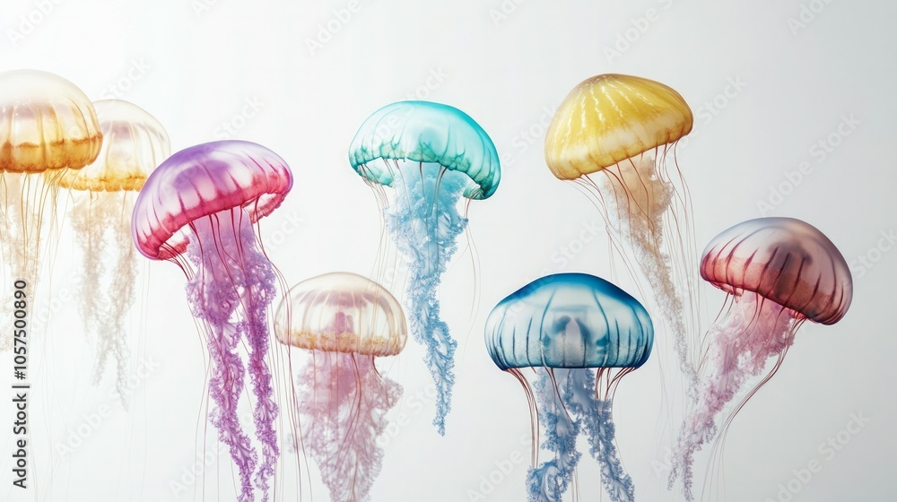A lot of different kinds of jellyfish swim on white background
A lot of different kinds of jellyfish swim on white background