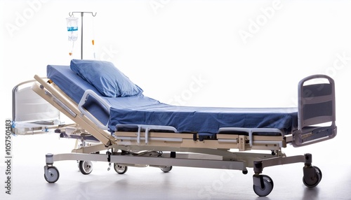 Hospital Bed on White Background Isolated. Full Shot of Medical Devices.