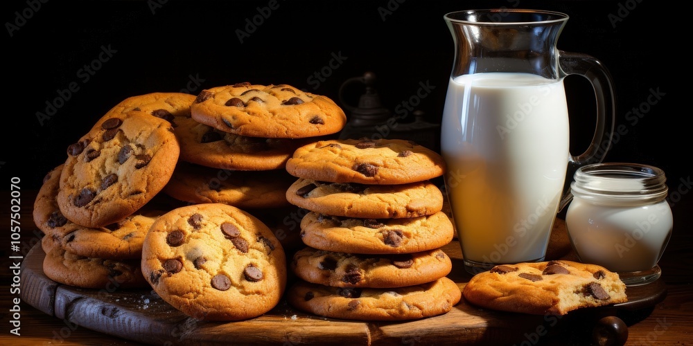 A tower of chocolate chip cookies, arranged on a wooden platter, with a pitcher of milk and a small jar of cream in the background. A tower of chocolate chip cookies, arranged on a wooden platter, with a pitcher of milk and a small jar of cream in the background.
