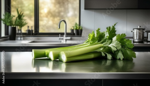 Celeries on a steel silver table in a modern style kitchen, food photography photo