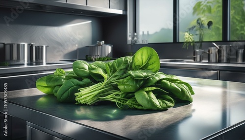 Spinaches on a steel silver table in a modern style kitchen, food photography photo