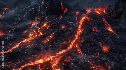 Molten lava flows down a volcano.