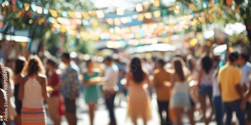 Blurred crowd at festive event with colorful bunting