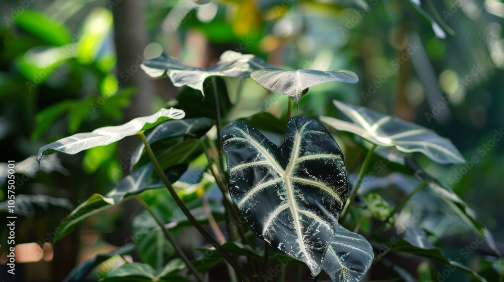Fototapeta premium Alocasia plant leaves in natural light with lush greenery