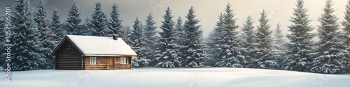 Snowy cabin in forest during winter