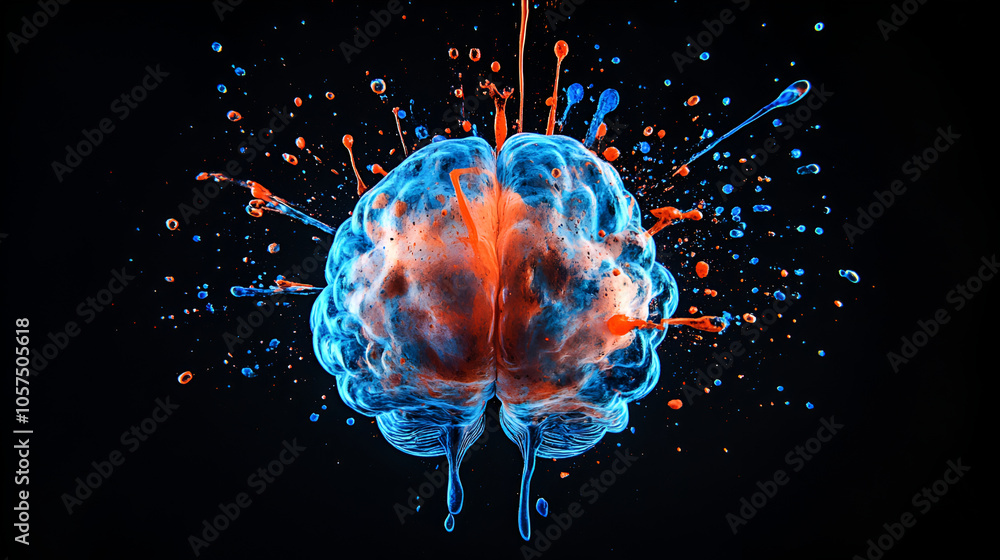 Fototapeta premium Human brain with colorful paint splashes on black background head human mental idea mind , human brain explodes with imagination and beautiful colors Human brain on digital background