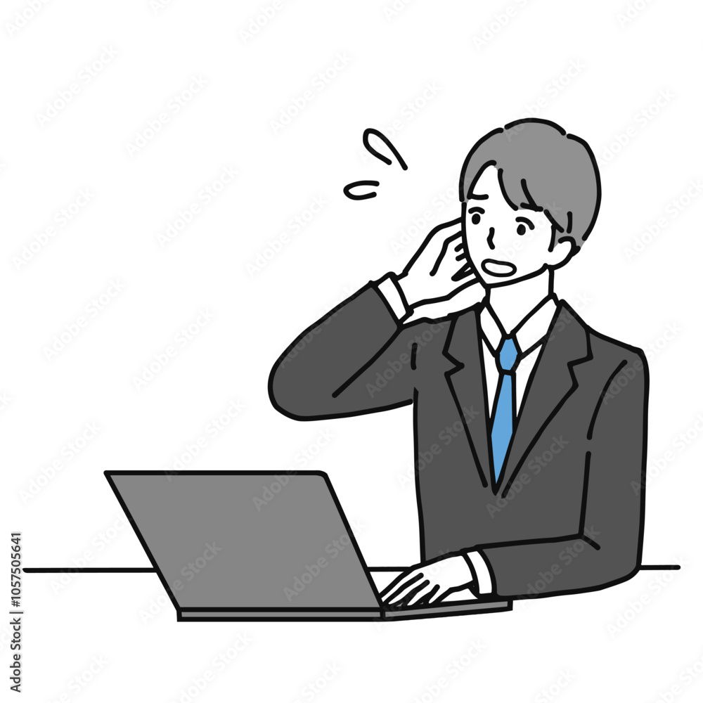 Illustration of a young businessman in trouble while using a laptop computer. Illustration of a young businessman in trouble while using a laptop computer.