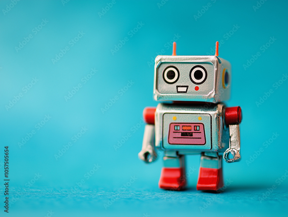 Fototapeta premium Retro robot toy on a solid blue background isolated for a playful display