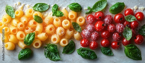 A colorful arrangement of pasta, basil, and cherry tomatoes, showcasing vibrant food ingredients. photo