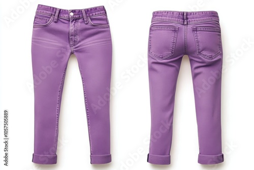 Purple classic jeans with cuffed hems, front and back view on white background photo