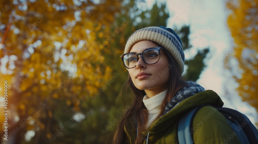 Woman wearing a green jacket and a hat is looking at the camera Woman wearing a green jacket and a hat is looking at the camera