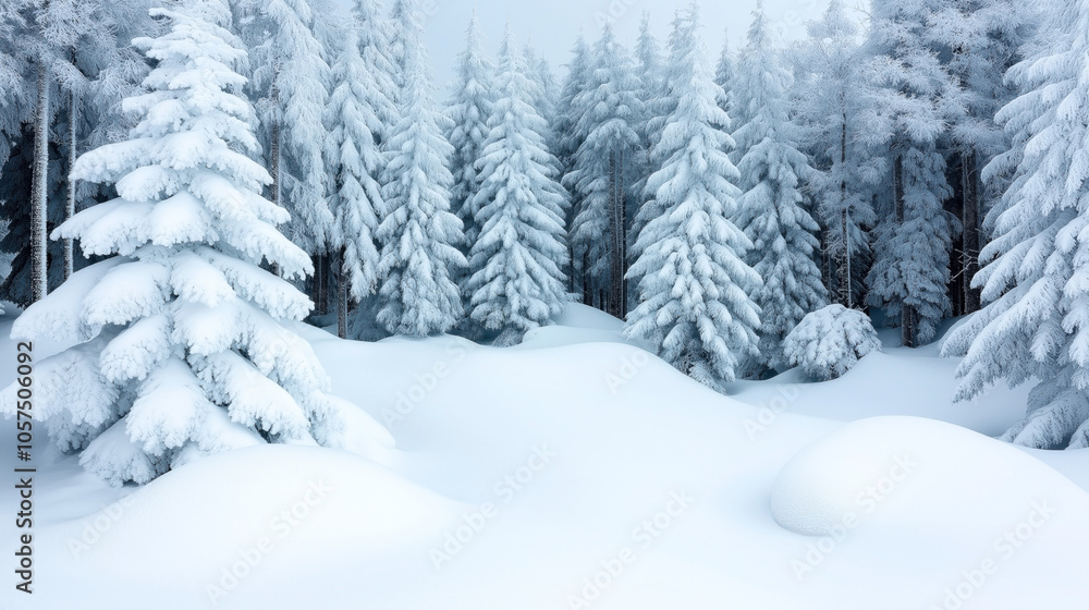 Snow-covered evergreen trees in a tranquil winter landscape with deep snow layers and a serene atmosphere Snow-covered evergreen trees in a tranquil winter landscape with deep snow layers and a serene atmosphere