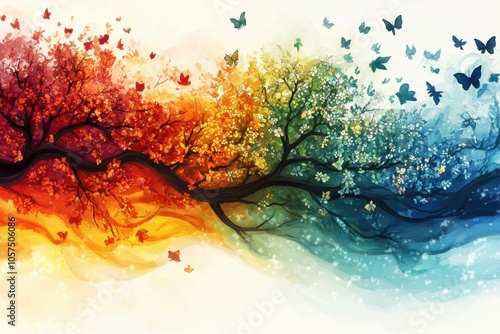 seasonal cycle art, with vibrant imagery, the banner embodies the cyclical essence of life by blending the seasons of spring, summer, autumn, and winter