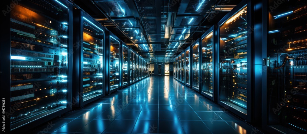 A futuristic data center with illuminated server racks and reflective flooring. A futuristic data center with illuminated server racks and reflective flooring.