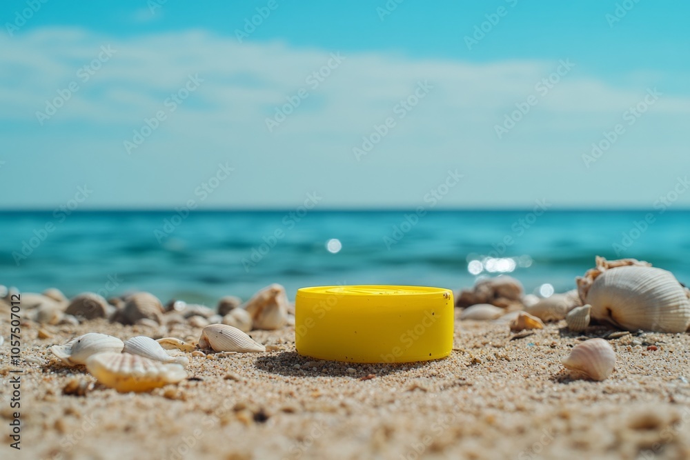 A vibrant yellow object rests on sandy shores by calm blue waters. This image captures a serene beach scene with seashells scattered around. Generative AI A vibrant yellow object rests on sandy shores by calm blue waters. This image captures a serene beach scene with seashells scattered around. Generative AI