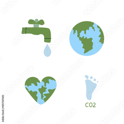 Eco-friendly icons: conservation symbol, earth, heart, and carbon footprint.
