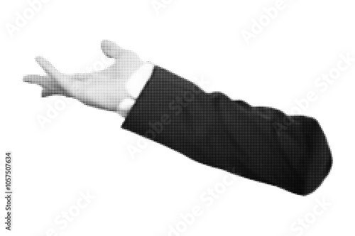 Business collage in halftone style.  Vector. Hand shows gesture. Fingers. Business deal. Agreement. Negotiation. Works. Job. Trendy elements. Sample. Retro. Paper. Pointillism and dots. 90s texture. 