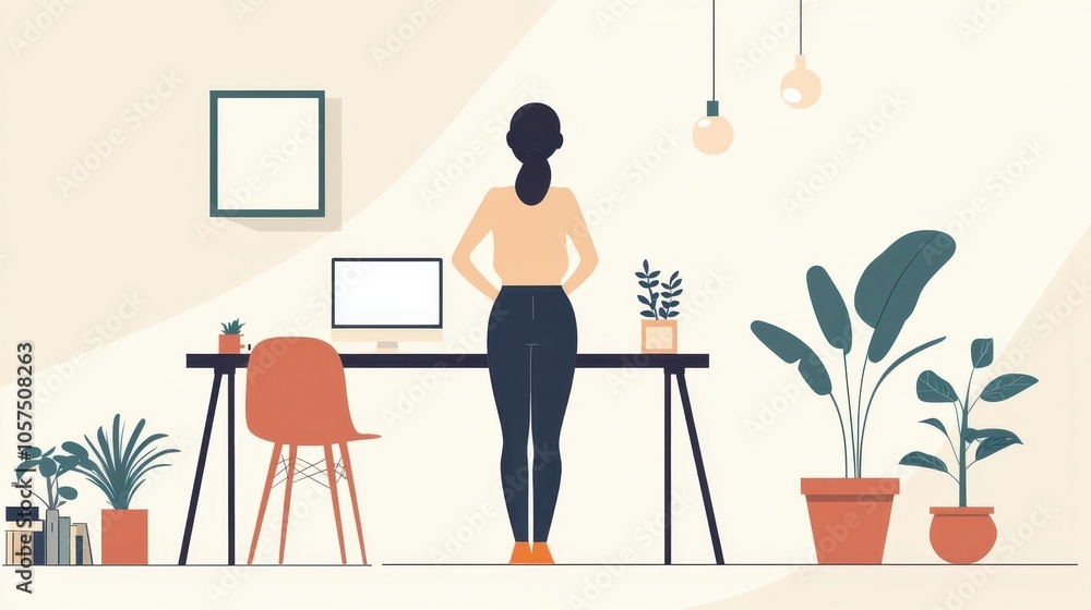 Fototapeta premium Businesswoman standing up from her desk, stretching her back, modern office environment, ergonomic lifestyle