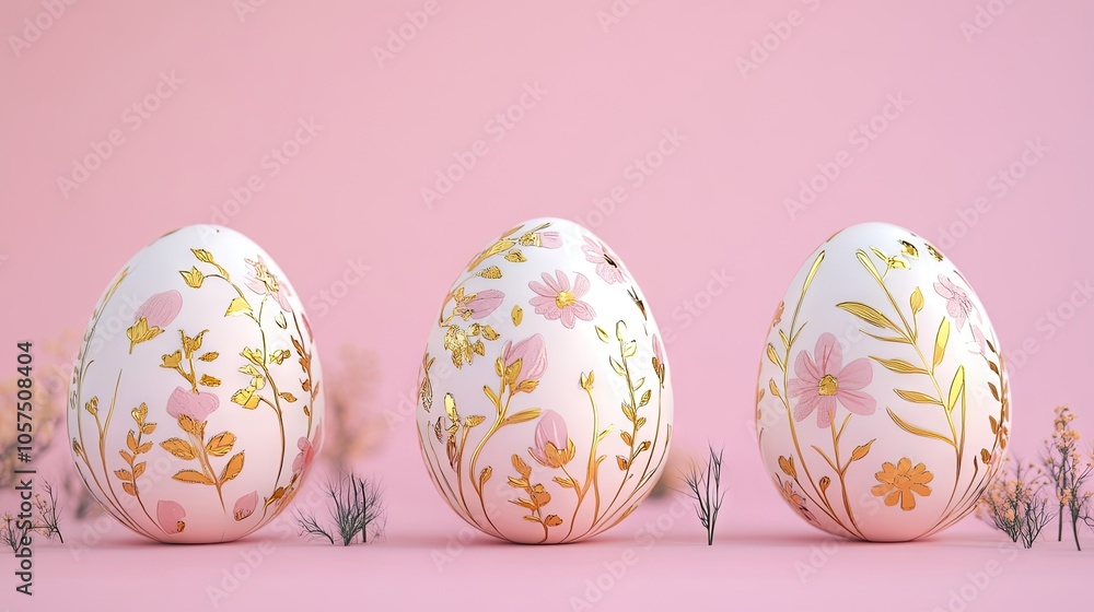 3D Easter eggs adorned with gold floral designs set against a pink background. This flat lay image creates an inviting scene perfect for a greeting card. Minimal concept with copy space. 3D Easter eggs adorned with gold floral designs set against a pink background. This flat lay image creates an inviting scene perfect for a greeting card. Minimal concept with copy space.