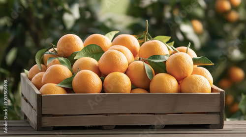 Wooden crate filled with fresh ripe oranges with green leaves in an outdoor citrus orchard setting. photo