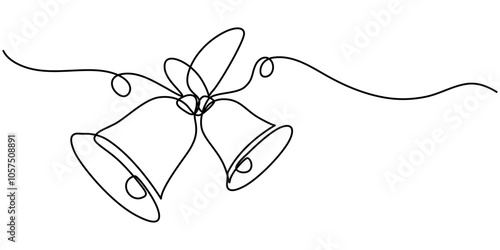 Continuous line drawing representing a bell ringing, Christmas bell in one continuous line drawing vector illustration. Pro vector, hand drawn vector illustration christmas decoration, christmas tree.