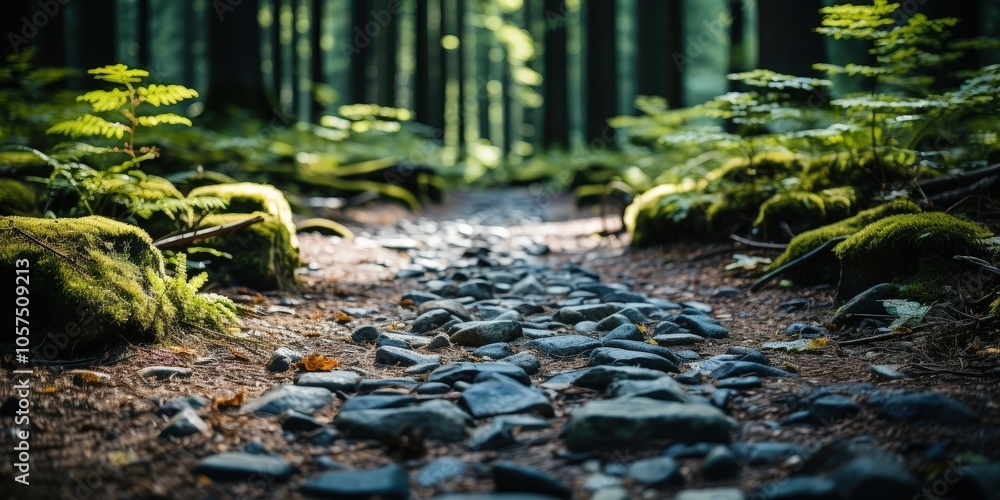 A sunlit path through a lush forest, paved with smooth, grey stones, leading towards a mysterious, shadowed destination. A sunlit path through a lush forest, paved with smooth, grey stones, leading towards a mysterious, shadowed destination.