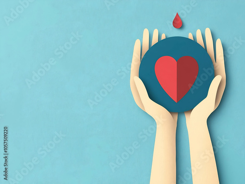 Hands holding heart symbol with blood drop on blue background, concept of donation, charity, healthcare, and support