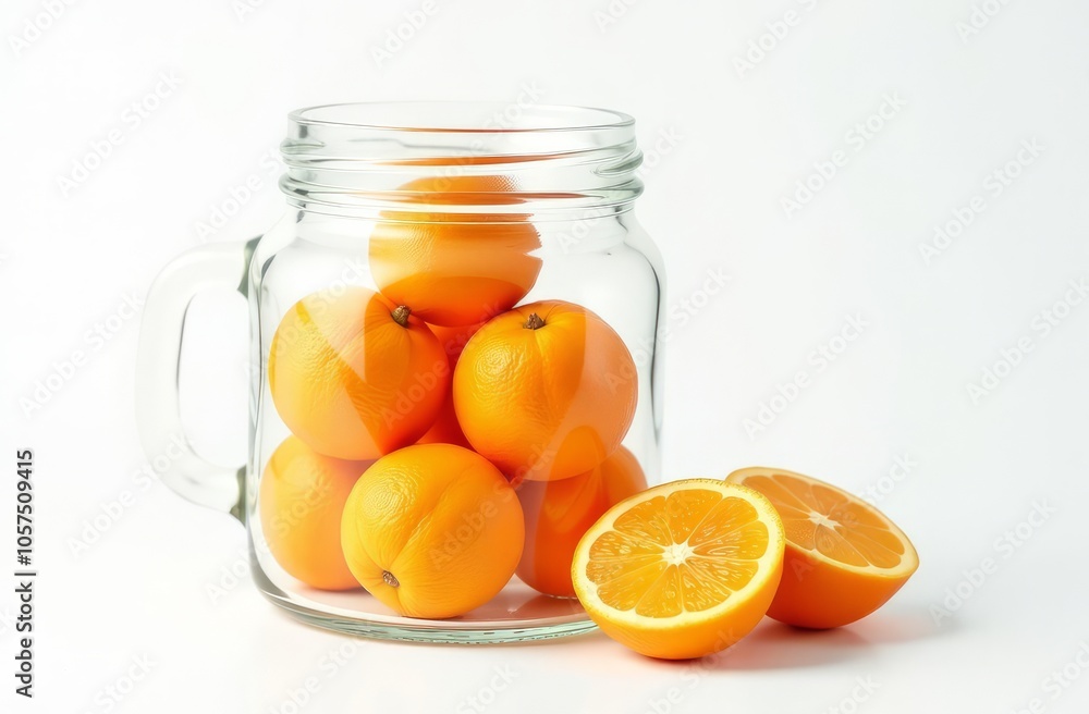 In a glass jar there are oranges, next to it there are two cut orange slices In a glass jar there are oranges, next to it there are two cut orange slices