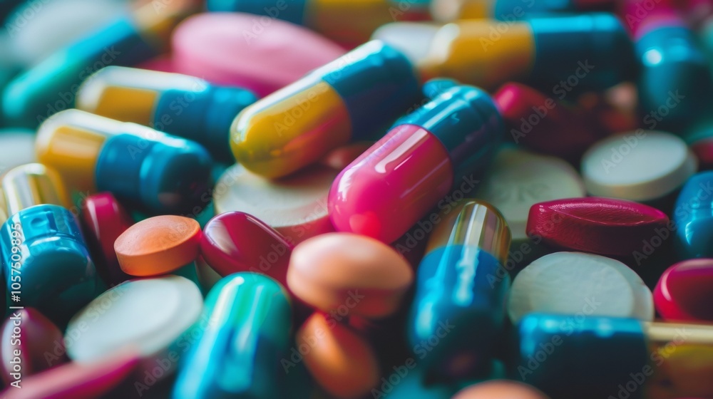 Colorful capsules and tablets scattered in a close-up view Colorful capsules and tablets scattered in a close-up view
