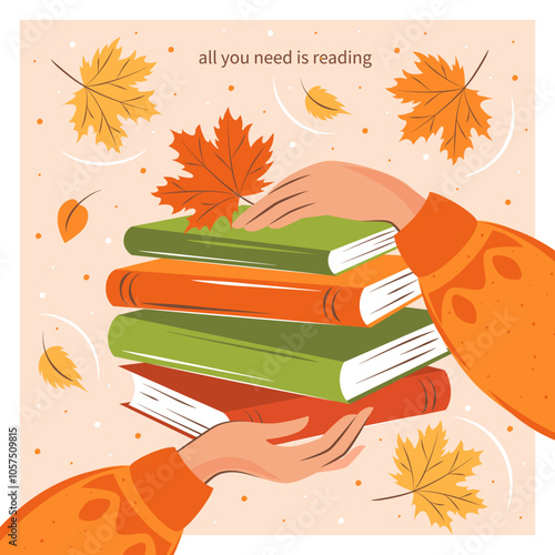 Banner for bookstore, library, sale in bookshop. Books with autumn bright leaves. Vector illustration for poster, cover, marketing.
