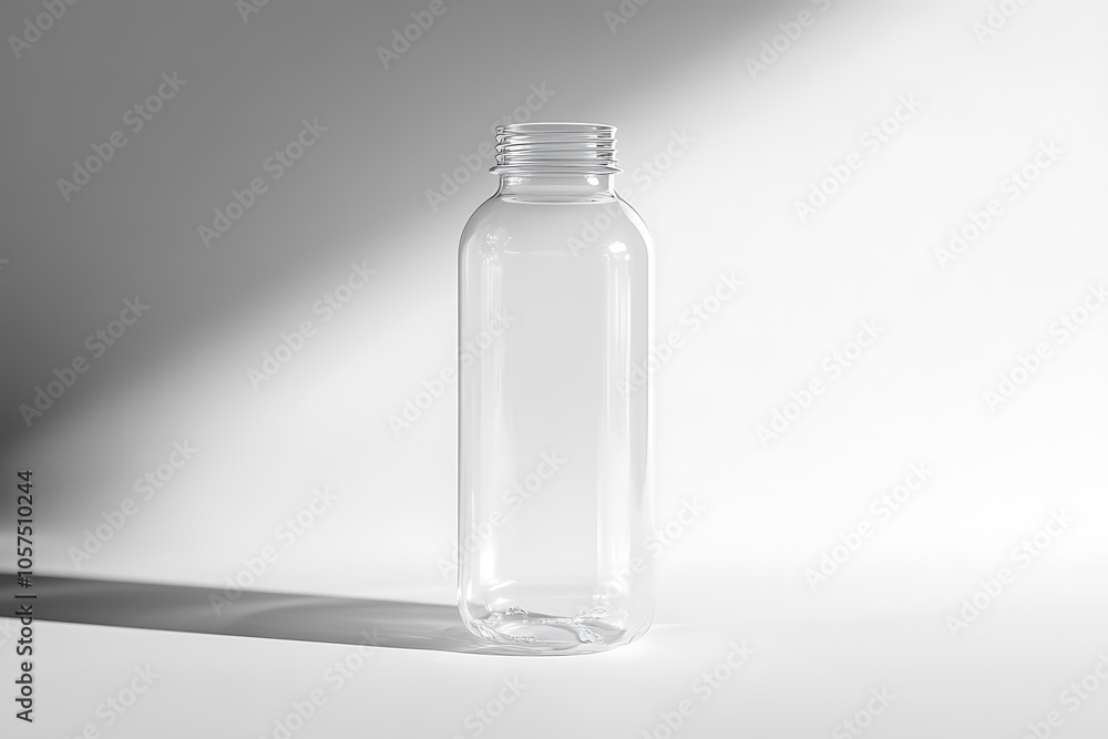 The image features a transparent plastic bottle with a simple design, commonly used for water or beverages The image features a transparent plastic bottle with a simple design, commonly used for water or beverages