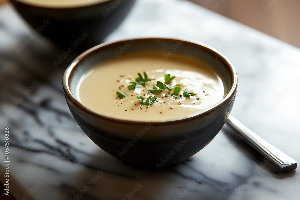 Bowl of soup isolated on a blurry table background Bowl of soup isolated on a blurry table background